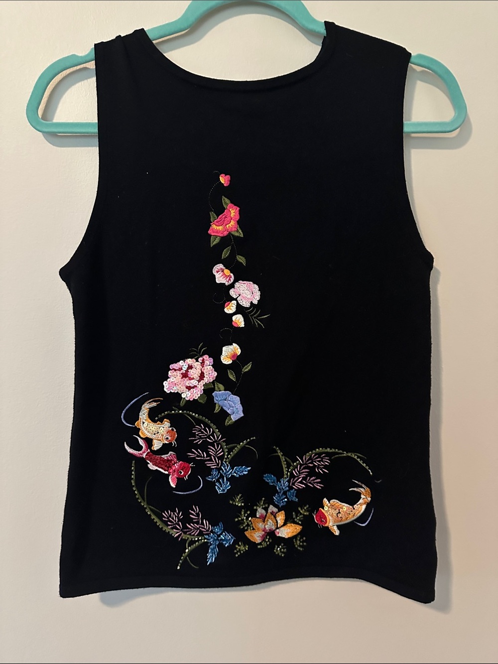 Black Embroidered Floral & Koi Tank Top